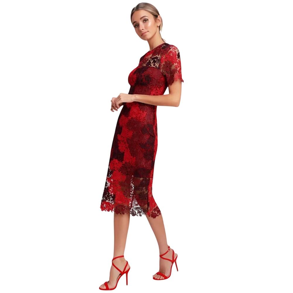 Lulu’s Season of Joy red multilace midi dress, maroon, brown exposed zipper, S